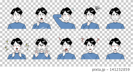 Hand-drawn style vector illustrations of male facial expressions and emotions - upper body (10 sets) Hand-drawn style vector illustrations of male facial expressions and emotions - upper body (10 sets) 141232859
