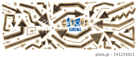 Cutout arrow and paper bold pointer for annotation collage in papercut scrapbook. Grainy beige direction shape and asterisk dots on white. Vector cutout arrow set isolated for posters and banner Cutout arrow and paper bold pointer for annotation collage in papercut scrapbook. Grainy beige direction shape and asterisk dots on white. Vector cutout arrow set isolated for posters and banner 141233021