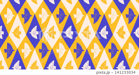 Chalk bird seamless pattern with blue and white silhouettes on gold and blue harlequin argyle. Stylized kids birds form a vector print for fabric and textile. Geometric forms with sketch for wallpaper Chalk bird seamless pattern with blue and white silhouettes on gold and blue harlequin argyle. Stylized kids birds form a vector print for fabric and textile. Geometric forms with sketch for wallpaper 141233034