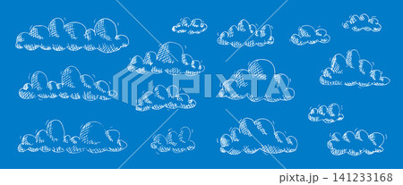 Hand-drawn white childish fluffy clouds sketch with chalk lines and hatching. Windy sky white pen drawing. Vector illustration perfect for design nature-themed graphics. Cloudy sky set 141233168