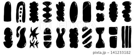 Glossy black shapes with bold geometric silhouette for playful poster. Smooth abstract organic figures and plastic flat finish on rounded form. Vector minimal geometry shape set isolated on white 141233182
