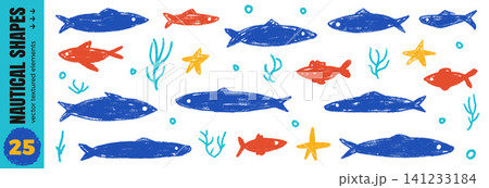 Crayon fish playful doodle for nautical poster and kids design. Naive ocean sardine silhouette with sea star and seaweed in cute mood. Vector crayon set for summer card design and travel vibe isolated Crayon fish playful doodle for nautical poster and kids design. Naive ocean sardine silhouette with sea star and seaweed in cute mood. Vector crayon set for summer card design and travel vibe isolated 141233184