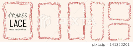 Coquette frame with red lace whimsical rectangle border and doodle wavy outline. Romantic coquette frames in hand drawn sketch on cream background. Vector whimsical lace pack isolated for invitation Coquette frame with red lace whimsical rectangle border and doodle wavy outline. Romantic coquette frames in hand drawn sketch on cream background. Vector whimsical lace pack isolated for invitation 141233201