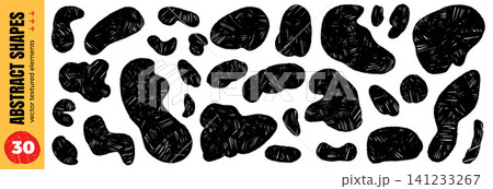 Irregular spots with pencil texture in organic abstract shapes for stationary print. Bold blobs with uneven chalk marks as a vector set. Hand drawn animal spots in crayon form for scrapbook design 141233267