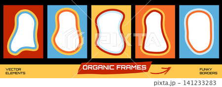 Promo organic frame with double wavy border for sale badge and flyer. Bold colorful outlined blob shapes on red blue and yellow. Vector promo frame set with retro y2k groovy for label, text boxes 141233283