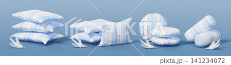3D stacks of striped blue and white pillows with feathers render. Soft cushions of rectangular, bolster and round shape with cotton bed linen for boys room, comfortable sleep and rest. 3D illustration 3D stacks of striped blue and white pillows with feathers render. Soft cushions of rectangular, bolster and round shape with cotton bed linen for boys room, comfortable sleep and rest. 3D illustration 141234072