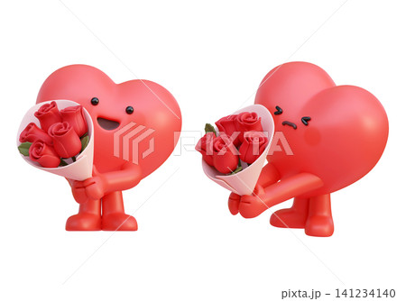 Romantic 3D Heart Character Offering Red Rose Bouquet Sweet Valentine Proposal Mascot Icon Romantic 3D Heart Character Offering Red Rose Bouquet Sweet Valentine Proposal Mascot Icon 141234140