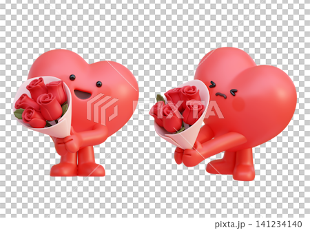 Romantic 3D Heart Character Offering Red Rose Bouquet Sweet Valentine Proposal Mascot Icon Romantic 3D Heart Character Offering Red Rose Bouquet Sweet Valentine Proposal Mascot Icon 141234140