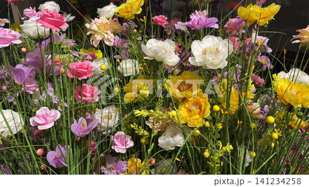 Vibrant Colorful Wildflower Arrangement Blooming In Beautiful Decorative Summer Garden Display Vibrant Colorful Wildflower Arrangement Blooming In Beautiful Decorative Summer Garden Display 141234258