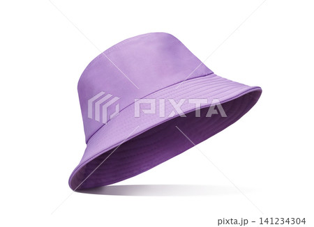 A purple bucket hat is stylishly placed against a white background. 141234304