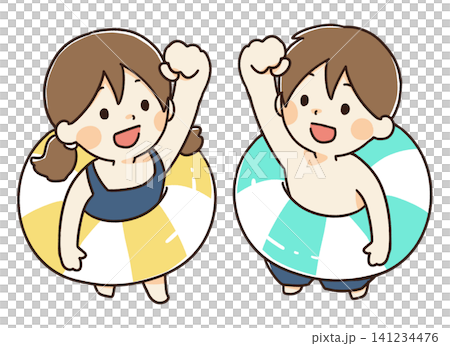 An illustration of children in swimsuits in a downward-looking pose. An illustration of children in swimsuits in a downward-looking pose. 141234476