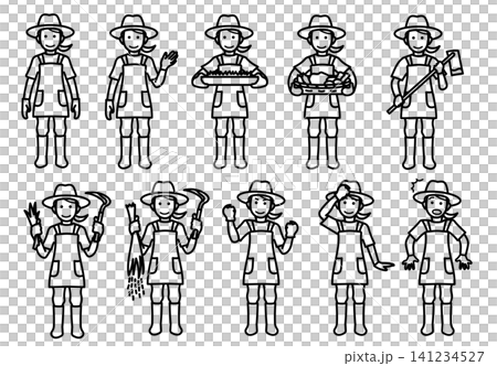 Illustration materials: A set of variations in poses and expressions of women working in agriculture. 141234527
