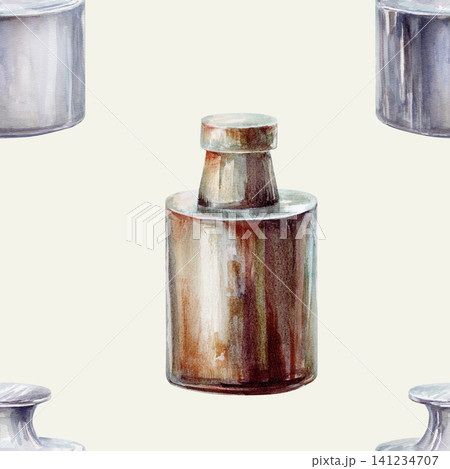 Vintage apothecary weights seamless pattern watercolor illustration on cream background. Vintage laboratory scales design for craft pharmacy branding, traditional medicine book cover print 141234707
