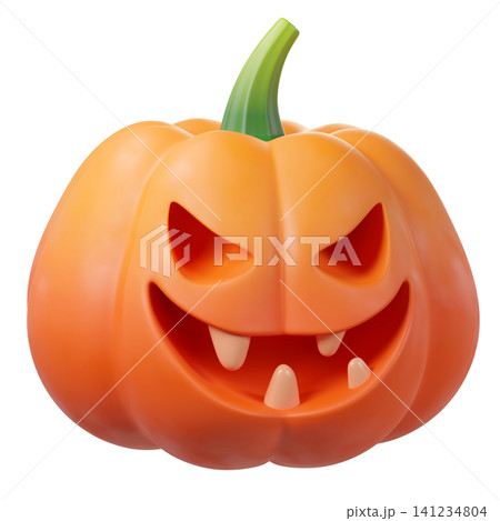 Cute 3D Halloween pumpkin Jack-o-lantern, isolated on background. Perfect for Halloween, party posters, seasonal promotions, greeting cards, stickers, social media, autumn holiday. 3d render 141234804