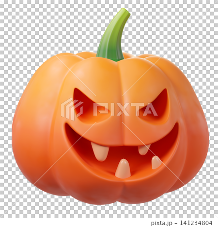 Cute 3D Halloween pumpkin Jack-o-lantern, isolated on background. Perfect for Halloween, party posters, seasonal promotions, greeting cards, stickers, social media, autumn holiday. 3d render 141234804