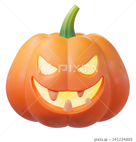 3D Halloween pumpkin Jack-o-lantern with glowing eyes, isolated on background. Perfect for Halloween invitations, party, greeting cards, stickers,  game assets, autumn holiday. 3d render 141234805