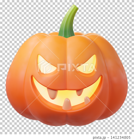 3D Halloween pumpkin Jack-o-lantern with glowing eyes, isolated on background. Perfect for Halloween invitations, party, greeting cards, stickers,  game assets, autumn holiday. 3d render 141234805