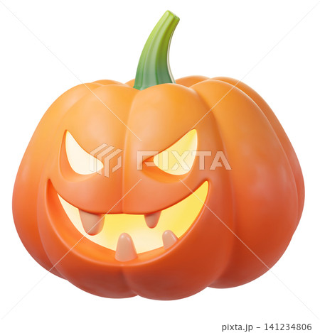 3D Halloween pumpkin Jack-o-lantern with glowing eyes, isolated on background. Perfect for Halloween invitations, party, greeting cards, stickers,  game assets, autumn holiday. 3d render 141234806