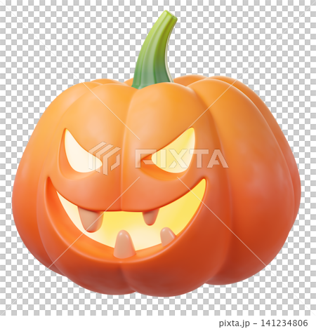 3D Halloween pumpkin Jack-o-lantern with glowing eyes, isolated on background. Perfect for Halloween invitations, party, greeting cards, stickers,  game assets, autumn holiday. 3d render 141234806