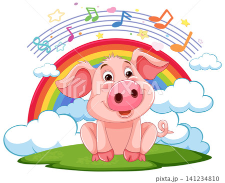 Happy Cartoon Pig Sitting on Grass with Rainbow and Music Notes Happy Cartoon Pig Sitting on Grass with Rainbow and Music Notes 141234810