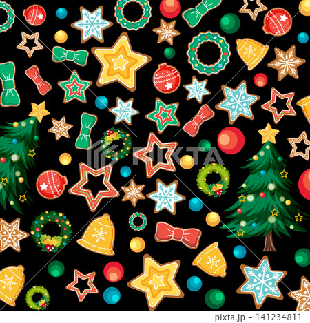 Festive Holiday Pattern with Gingerbread Cookies and Christmas Trees on Black Festive Holiday Pattern with Gingerbread Cookies and Christmas Trees on Black 141234811