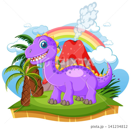 Cartoon Purple Brachiosaurus Standing in Prehistoric Landscape with Volcano and Rainbow 141234812