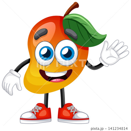 Cheerful Cartoon Mango Character Waving with a Friendly Smile 141234814
