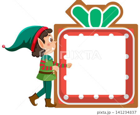 Cartoon Christmas Elf Standing Beside Large Blank Square Gift Frame 141234837