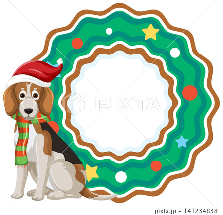 Beagle Dog Wearing Santa Hat Beside Festive Christmas Wreath Frame Beagle Dog Wearing Santa Hat Beside Festive Christmas Wreath Frame 141234838