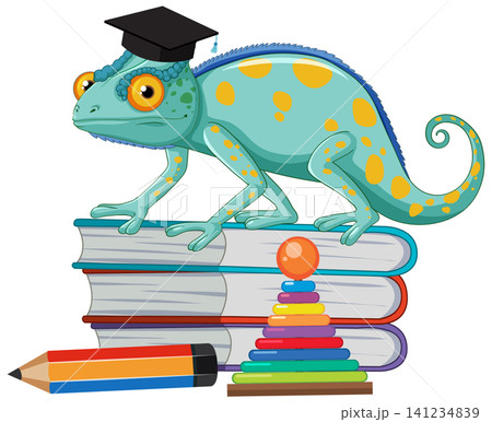 Cartoon Chameleon Wearing Graduation Cap Standing on Stack of School Books 141234839