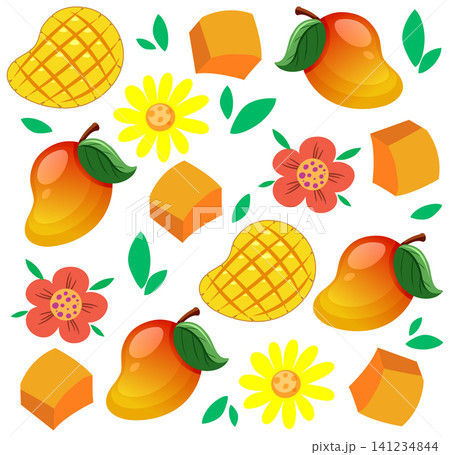 Seamless Vector Pattern with Ripe Mangoes and Tropical Flowers Seamless Vector Pattern with Ripe Mangoes and Tropical Flowers 141234844
