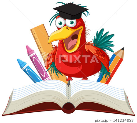 Cartoon Red Bird Wearing Graduation Cap with School Supplies and Book Cartoon Red Bird Wearing Graduation Cap with School Supplies and Book 141234855