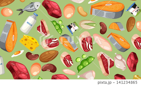 Flat Vector Illustration of High Protein Food Sources Pattern Flat Vector Illustration of High Protein Food Sources Pattern 141234865