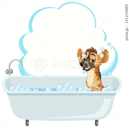 Cartoon Spotted Hyena Taking a Bubble Bath in a White Tub Cartoon Spotted Hyena Taking a Bubble Bath in a White Tub 141234869