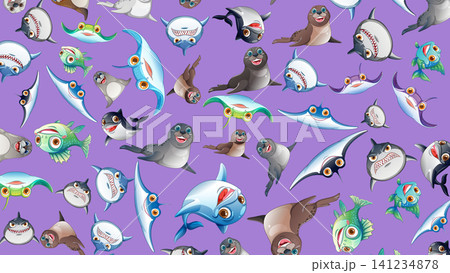 Seamless Vector Pattern of Cartoon Marine Animals on Purple Background Seamless Vector Pattern of Cartoon Marine Animals on Purple Background 141234878