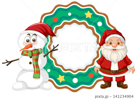 Cartoon Santa Claus and Snowman with Circular Holiday Wreath Frame Cartoon Santa Claus and Snowman with Circular Holiday Wreath Frame 141234904