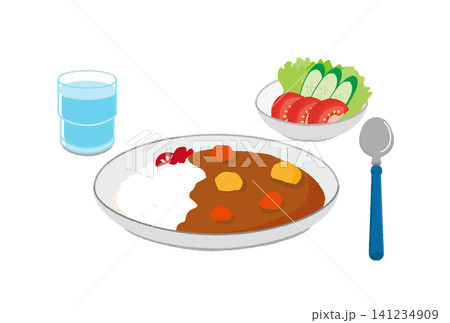 カレーライスとサラダとお冷のベクターイラストセット 141234909