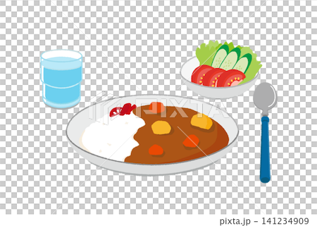 A vector illustration set of curry rice, salad, and water. A vector illustration set of curry rice, salad, and water. 141234909