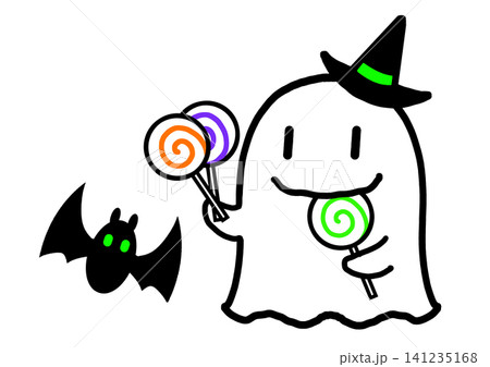 ハロウィンの可愛いオバケとお菓子とコウモリのイラスト素材 ハロウィンの可愛いオバケとお菓子とコウモリのイラスト素材 141235168