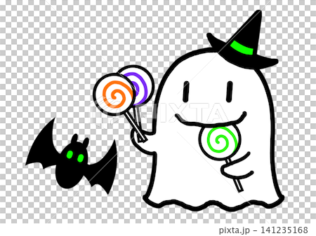 ハロウィンの可愛いオバケとお菓子とコウモリのイラスト素材 ハロウィンの可愛いオバケとお菓子とコウモリのイラスト素材 141235168