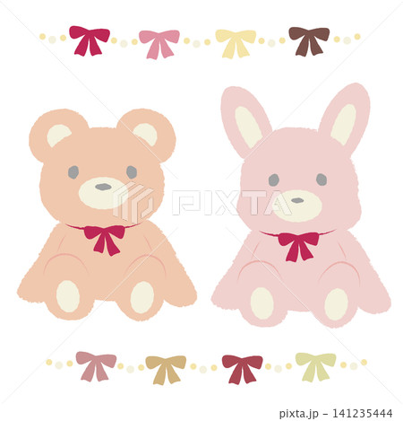 リボンをつけているクマとウサギのぬいぐるみ 141235444