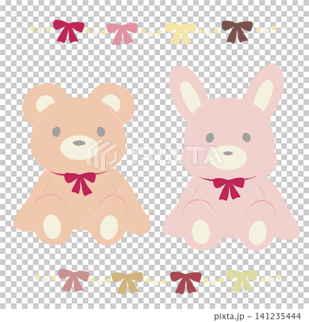A bear and a rabbit plush toy wearing ribbons 141235444