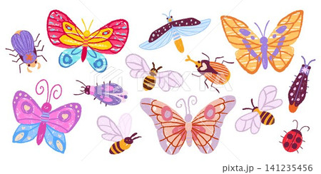 Hand drawn crayon insects set isolated on white Hand drawn crayon insects set isolated on white 141235456