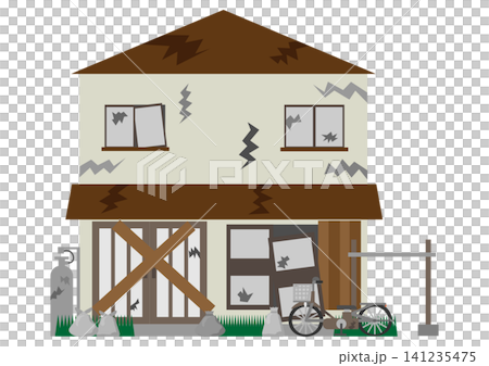 Image illustration of an abandoned house with bicycles and trash left behind. 141235475