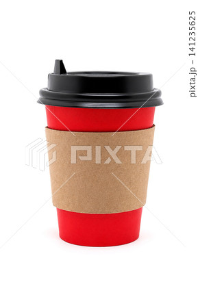 Red Takeaway Coffee Cup with Cardboard Sleeve Isolated on White Background Red Takeaway Coffee Cup with Cardboard Sleeve Isolated on White Background 141235625