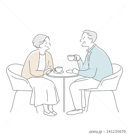 カフェで会話を楽しむシニア夫婦のライフスタイルイラスト 141235670