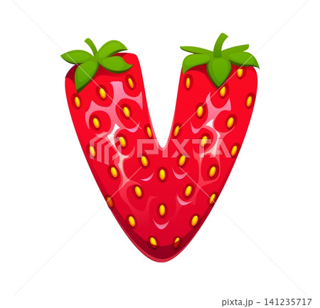 Cartoon strawberry, garden red berry kids ABC typeset, font letter V. Forest plant typeset element, garden berry English alphabet vector font symbol. Farm strawberry kids ABC typeface letter 141235717
