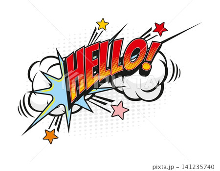 Cartoon vintage hello comic speech bubble. Expression explosion pop art sticker, comic balloon isolated vector tag. Speech cloud label or effect with red typography spark, smoke cloud and spark stars 141235740