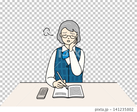 An illustration of a senior woman in an office uniform, sitting at her desk and working on accounting books, deep in thought. An illustration of a senior woman in an office uniform, sitting at her desk and working on accounting books, deep in thought. 141235802