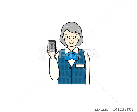 オフィス制服を着て電卓を掲げる笑顔のシニア女性のイラスト 141235803